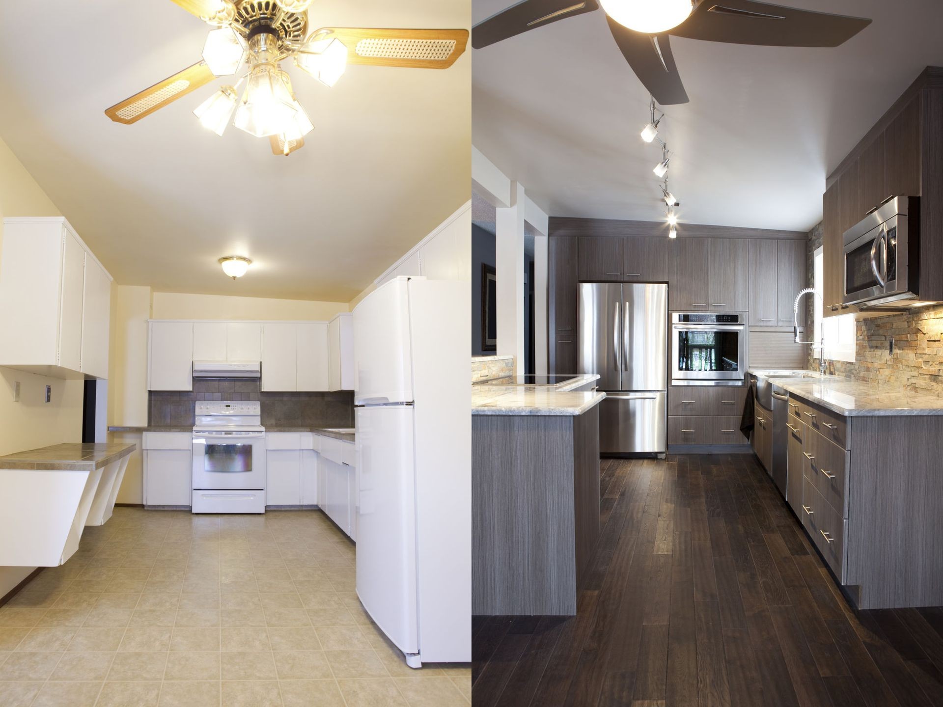 Before and after comparison of a kitchen remodel completed by Urban Edge Construction in Cedar Rapids, Iowa.