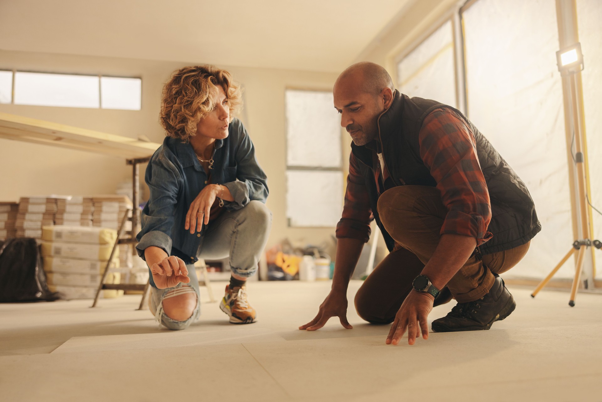 Collaborative home improvement: A couple discussing their kitchen renovation
